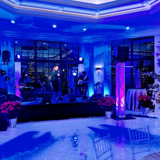 Picture of a singer on a panel stage with blue room uplights, decor lighting